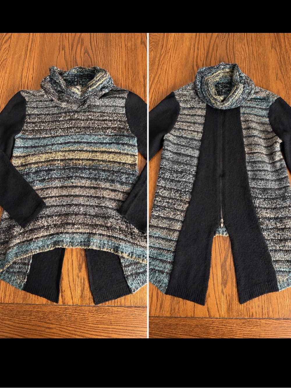 Striped Knit Tunic Sweater Back Zip Curio New York L Teal Black